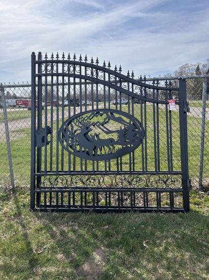WROUGHT IRON GATE WITH DEER ARTWORK IN THE MIDDLE, 14'