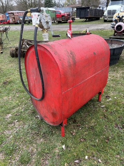 200-GALLON FUEL TANK WITH PUMP & HOSE, OWNER STATES IT WORKS