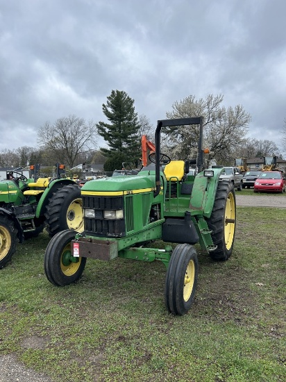 JOHN DEERE 6110 TRACTOR, 3PT, NO TOP LINK, PTO, 2-REMOTES, 12.4-42 REAR TIRES, 1201 HOURS SHOWING, S