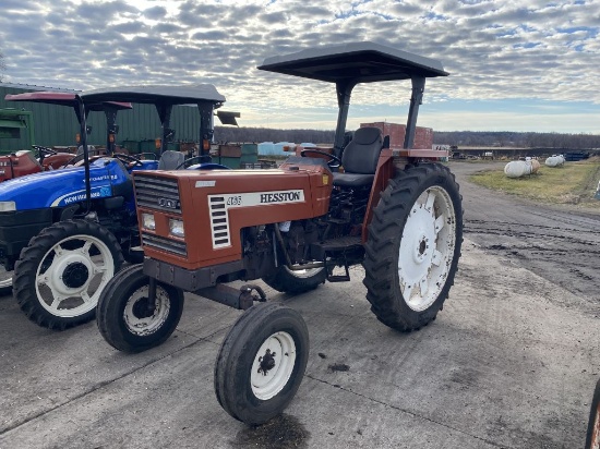 HESSTON 466 FIAT TRACTOR, 3PT, PTO, 2-REMOTES, CANOPY, 11.2R48 REAR TIRES, 7669 HOURS SHOWING, S/N: 