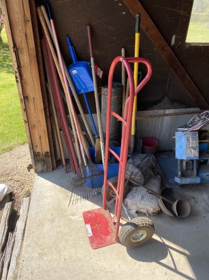 2-WHEEL DOLLY, ASSORTED RAKES, SHOVELS, AND MORE