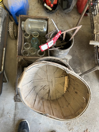 ASSORTED JARS, CRATES, BUCKETS AND SAWS