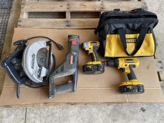 DEWALT 1/2'', 18V DRILL, (1) DEWALT 1/4'' IMPACT, 18V DRIVER, (1) BATTERY POWERED CRAFTSMAN SAWZALL,