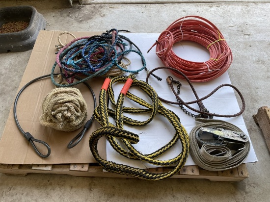 LOT OF ASSORTED ITEMS, INCLUDES (1) NYLON TOW STRAP, ROPE WITH LARIAT, APPROX. 1/2'' SISAL ROPE, (1)