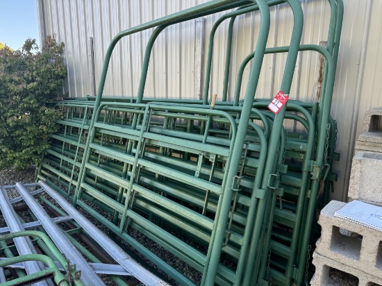 LARGE LOT OF ASSORTED POWDER RIVER GATES, INCLUDES (3) 16' GATES, (1) APPROX. 7.5' PASS THROUGH GATE