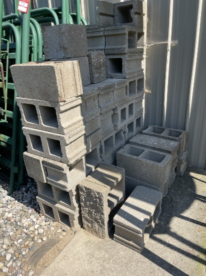 LOT OF ASSORTED CINDER BLOCKS, VARIOUS STYLES AND SIZES.