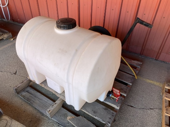 APPROX. 65-GALLON POLY TANK WITH HOSE REEL & HOSE