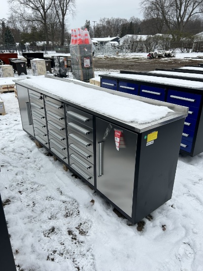 NEW WORKBENCH/TOOL CABINET, 18-DRAWERS, 2-CABINETS, 113'' LONG X 22'' DEEP X 3' TALL