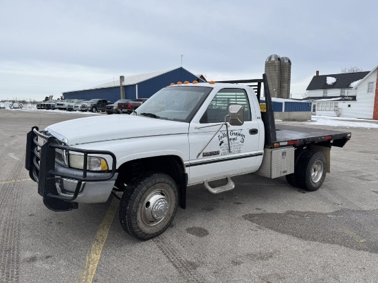 1996 DODGE RAM 3500 REGULAR CAB FLATBED TRUCK, CUMMINS TURBO DIESEL, PW, PL, AM/FM-CD RADIO, SEAT IS