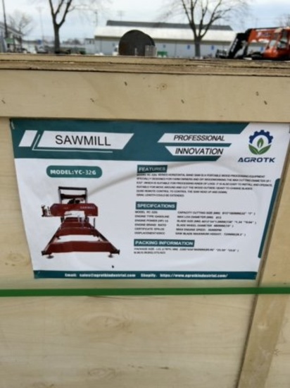 NEW IN BOX AGROTK MODEL YC-32G HORIZONTAL  BAND SAW SAWMILL, 15-HP GAS ENGINE, 32'' MAX DIAMATER LOG