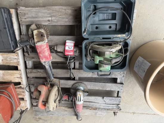 Assorted cordless power tools: Circular saws (Qty 2), Grinders (Qty 2), Impact wrench