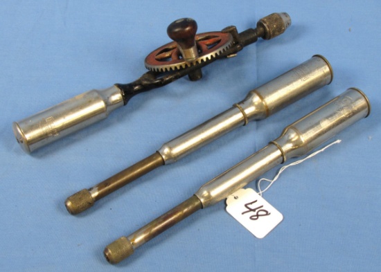 2 Automatic Hand Push Drills (yankee Type) & Hand Drill; Gear Driven; W/brass Container Top (for B