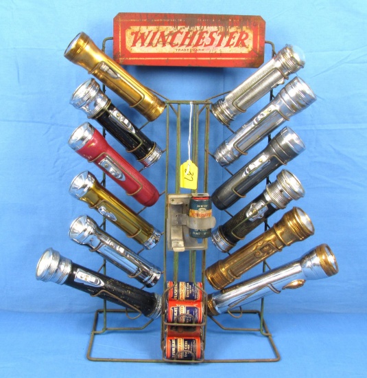 Flashlight & Battery Display; Winchester; Wire Counter-top Rack; W/ 12 Winchester Flashlights & 6