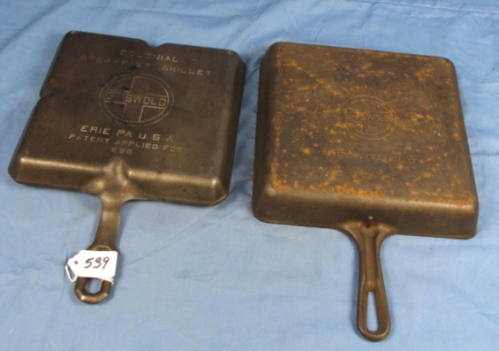 2 Items: Colonial Breakfast Skillets Griswold Ll; Epu; Pat. Appl For; Pn 666 & #8 Square Fry Skill