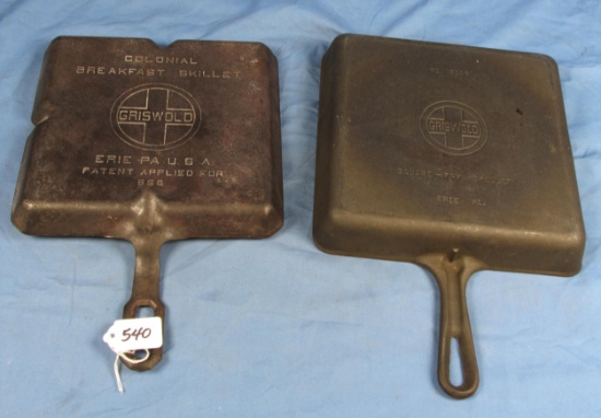 2 Items: Colonial Breakfast Skillets Griswold Ll; Epu; Pat. Appl For; Pn 666 & #8 Square Fry Skill