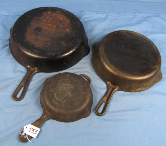 3 Skillets; Griswold; Erie Pa; Sl; Smooth; No. 3 W/hinge Tab Pn 2503; #7; #9 (pn 701 & 710)