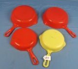 4 Enamel Cast Iron Skillets: Griswold Mfg. Smooth; Sm. Logo; #5 Pn 724 (2) & #3 Pn 709 (1 Yellow/wh