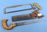 3 Items: Back Saw No. 23; Compass Saw; No. 2002 & Hack Saw; Pistol Grip; Special; #8020; All Winche