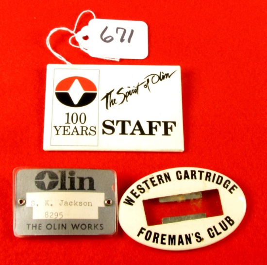 Western Cartridge Foreman's Club Badge; Olin Works Badge; Spirit Of Olin Staff Badge