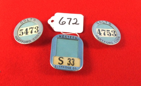 2 Colt's Harvard; Conn Badges ; 1 Western Cartridge Badge