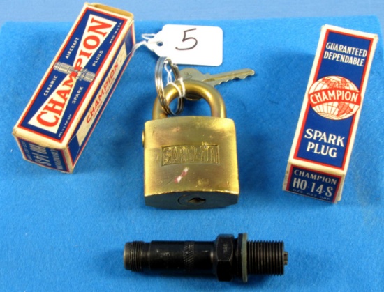 Lot: 2 Champion Spark Plugs; Ho-14s; In Boxes & Solid Brass Sargent Padlock W/key