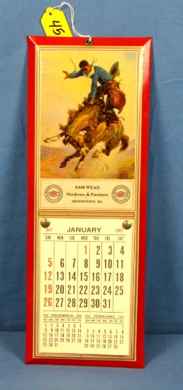 Metal Wall Calendar; Full Pad (photocopied); 1947 W/cowboy & Bucking Bronc; Sam Wead; Brownstown; I