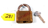 Winchester Brass Padlock (arnall #3) Nice Lock; W/key-not Orig. One