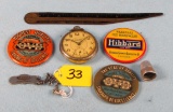 Lot: Hsb/ovb/hibbard Pin Backs; Pocket Watch; Watch Fob; Thimble; Letter Opener/rule