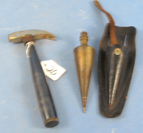 Tool Kit (hammer W/tools In Hndl); Crown Cutlery Co. Germany & Globe #16 Brass Plumb Bob In Leather