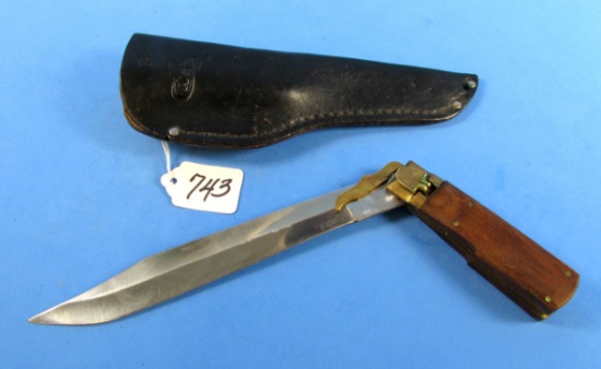 Folding Lock Knife; Lg. Blade; Brass Guards; Thumb Lever; Wooden Hndl. W/sheath