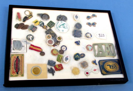 Misc. Lot: Smalls: Pins; Tacks; Aa Brass Belt Buckle; Peters; Badges; Marksman’s Medal; Etc.