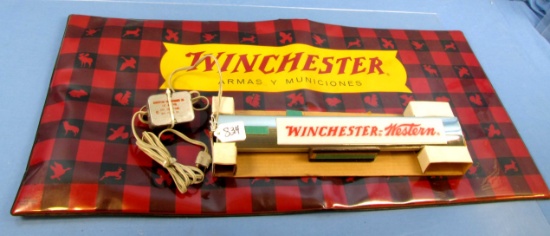 Winchester Western Lighted Sign; Sits Or Hangs; 15in X 2in; W/mrkd. Box & Counter Mat; Plastic; Win