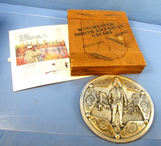 Winchester North American Safari Wooden Crate W/fold-out Brochure & A Wall Plaque; Cast Metal; 3 Di