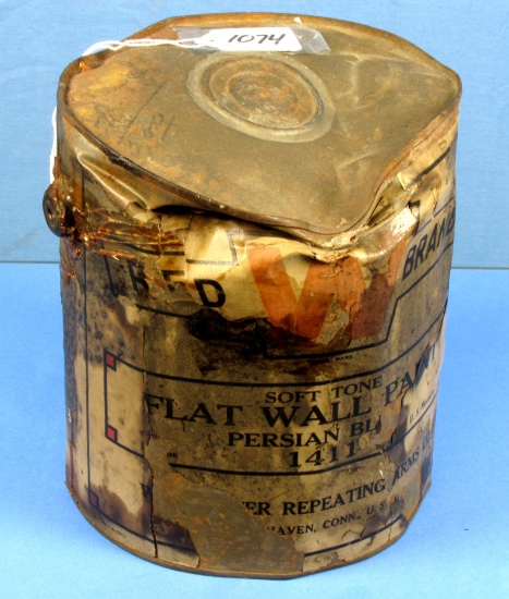 Winchester Flat House Paint Can; Red W; Full; Smashed Down Top; Rough Condition.