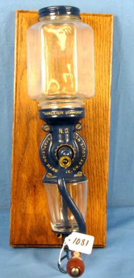 Wall Coffee Grinder "Norleigh Diamond"  W/glass Coffee Catcher. Octagon Shaped Glass Top; Shapleigh