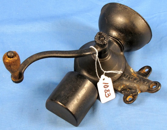 Wall Coffee Grinder; Royal W/orig. Iron Cup; Offset Mount Grinder. Pat. April 15; 1890-June 5; 1