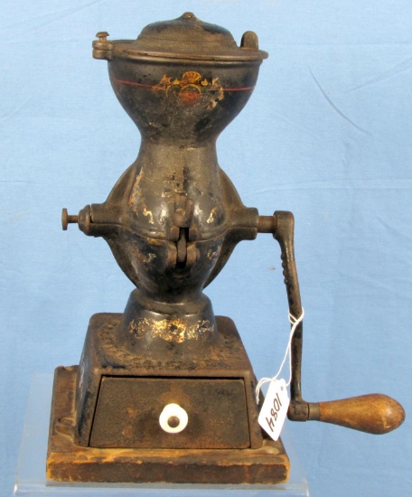 Table Model Coffee Grinder; One Arm Crank; W/orig. Decals; Worn; 12 1/2in Tall; Cast Iron W/ Cast I