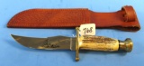 Lg. Hunting Knife In Sheath; Kodiak Bear Etched On Blade; Stag Grip; Brass Ferrule & Butt End; Case