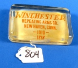 Glass Paperweight; Rectg. Winchester Repeating Arms 1910 (orange Lettering)
