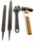 KK. LOT: 4- adjustable wrench 10”; 2 files; cobblers hammer