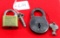 LOT: 2; 1- brass lock Cruso w/chicken & key; 2- steel lock Miller six lever