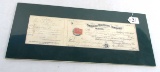Large framed Simmons Hardware check from 1898; stub and all