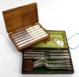 LOT: 1 box Simmons steak knives wooden box of 6; 1 box of KK silverware