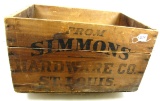 Simmons; large wood box; marked From Simmons Hardware; 22” x 15” x12”