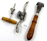 KK. LOT: 3- scraper; cork screw; spoke shave No. 92