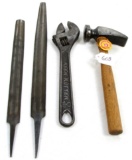 KK. LOT: 4- adjustable wrench 10”; 2 files; cobblers hammer