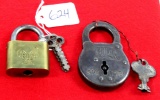 LOT: 2; 1- brass lock Cruso w/chicken & key; 2- steel lock Miller six lever