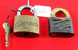 Shap. LOT: 2; 1-brass lock w/key; 2- steel lock brass shackle no/key