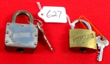 Shap. LOT: 2; 1- brass lock w/key; 2- steel lock w/key