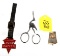 LOT: KK; watch fob (real); stork scissors; axe head shaped lapel pin; old logo